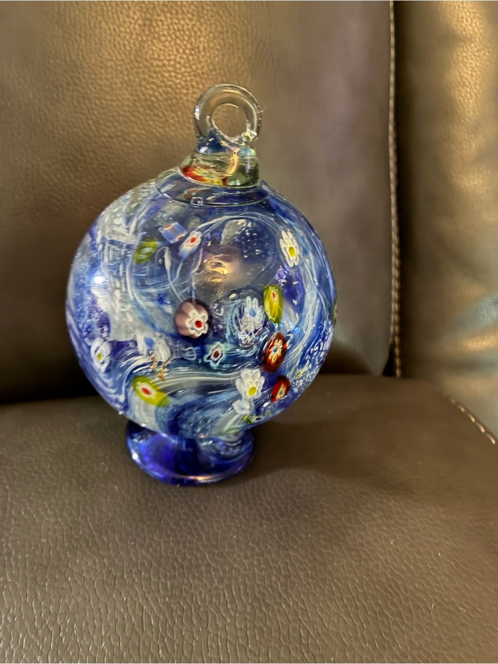 Murano-Style Handblown Colbalt Blue Millefiori Glass Orb Decorative Sculpture